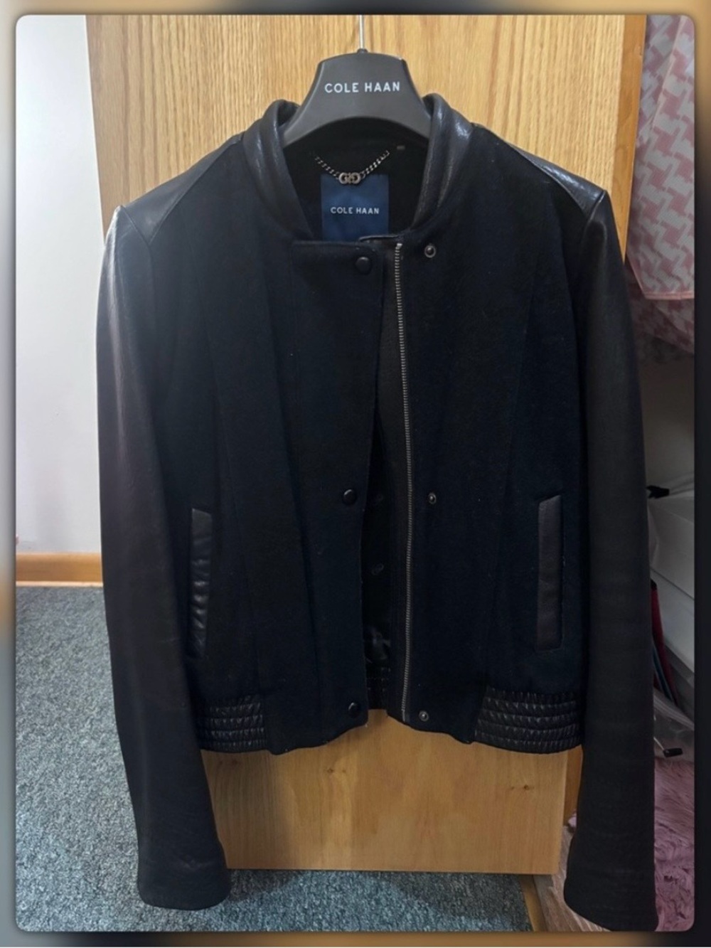 Cole Haan Black Wool-and-Leather Bomber Jacket